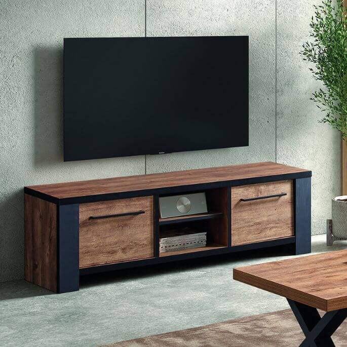 Meuble TV mural industriel de 160 cm en chêne foncé et métal noir